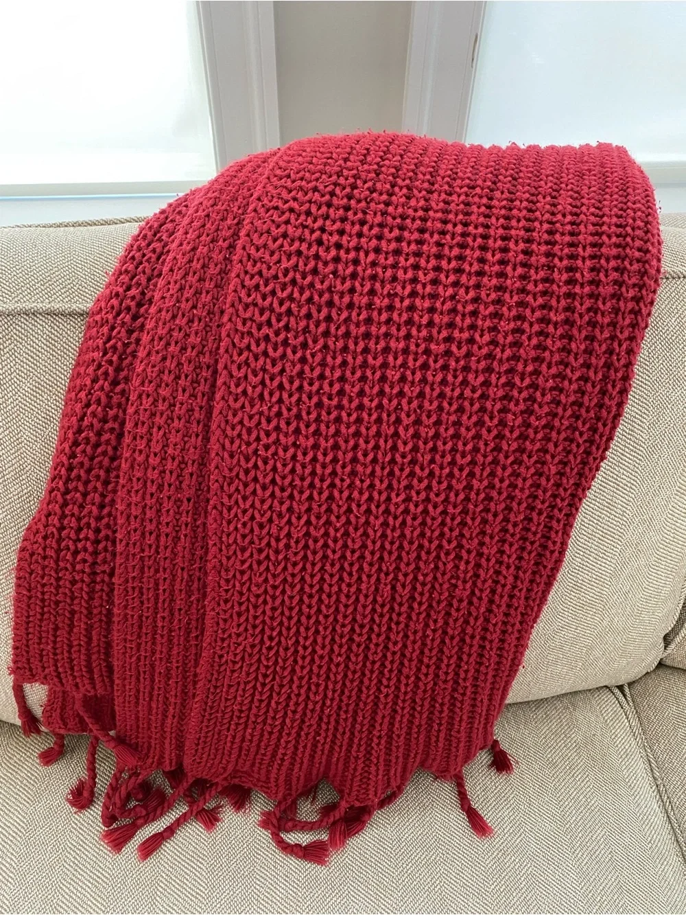 Pottery Barn Red Waffle Knit Throw Blanket with Fringe 50”x60”